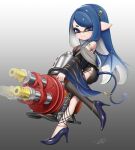  1girl bare_shoulders bat_wings black_thighhighs blue_eyes blue_footwear blue_hair blue_shawl breasts cleavage closed_mouth commentary commission full_body gradient_background grey_background gun hair_intakes high_heels highres holding holding_gun holding_weapon hydra_splatling_(splatoon) inkling inkling_girl jewelry large_breasts long_hair mole mole_under_eye pointy_ears puchiman shawl signature simple_background single_thighhigh smile solo splatoon_(series) splatoon_3 tentacle_hair thighhighs weapon wings 