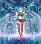  ankle_ribbon breasts building city cloud distortion frills full_body gloves green_eyes green_hair hat hatsune_miku high_heels highres legs long_hair midriff navel night pleated_skirt reflection ribbon skirt sky skyscraper small_breasts smile solo star star_(sky) starry_sky sun_(sunsun28) suspender_skirt suspenders thighhighs twintails very_long_hair vocaloid 