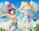  aqua_shorts bag bangs bare_arms bare_legs beanie black_hair blonde_hair blue_eyes blue_ribbon blunt_bangs blurry bracelet braid closed_eyes cloud collared_dress day depth_of_field dress duffel_bag floral_print french_braid gen_7_pokemon green_eyes hat high_ponytail jewelry knee_up kneeling lillie_(pokemon) long_hair looking_at_another mizuki_(pokemon) multiple_girls nagakura_(seven_walkers) one_eye_closed open_mouth outdoors partially_submerged poke_ball_theme pokemon pokemon_(creature) pokemon_(game) pokemon_sm pyukumuku red_hat ribbon rock rowlet shirt short_hair short_sleeves shorts sitting spoilers sundress swept_bangs t-shirt tied_shirt water wet wet_clothes white_dress 