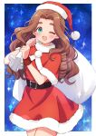  1girl absurdres aqua_eyes belt brown_hair capelet christmas cowboy_shot dress fur-trimmed_capelet fur-trimmed_dress fur-trimmed_headwear fur_trim hat highres holding holding_sack idolmaster idolmaster_cinderella_girls kahiika kusakabe_wakaba long_hair one_eye_closed open_mouth red_capelet red_dress red_headwear sack santa_costume santa_dress santa_hat smile solo thick_eyebrows 