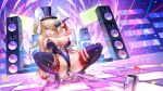  1girl absurdres animal_ears azur_lane blonde_hair blue_footwear blue_headwear blue_leotard boots breasts fake_animal_ears full_body gloves guam_(azur_lane) guam_(stage-setting_charmer)_(azur_lane) hat high_heel_boots high_heels highleg highleg_leotard highres holding holding_microphone iitsumonemu large_breasts leotard long_hair looking_at_viewer microphone official_alternate_costume playboy_bunny purple_eyes rabbit_ears sideboob smile solo speaker squatting thigh_boots thighs tongue tongue_out top_hat white_gloves 