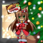  artist_request bottomless brown_hair christmas_costume dog furry green_eyes long_hair 