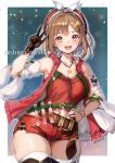  1girl :d alternate_color atelier_(series) atelier_ryza atelier_ryza_1 belt belt_buckle beret boots border bow breasts brown_belt brown_eyes brown_gloves brown_hair buckle christmas cleavage commentary_request detached_sleeves gloves hair_ornament hairclip hand_on_own_hip hat hat_bow highres hood hooded_jacket jacket jewelry large_breasts leather leather_gloves looking_at_viewer navel necklace outside_border red_headwear red_jacket red_shirt red_shorts reisalin_stout shino_(lunar_crescent) shirt short_hair short_shorts shorts simple_background single_glove sleeveless sleeveless_jacket smile snowflake_background solo star_(symbol) star_necklace thighhighs thighhighs_under_boots thighs twitter_username w white_border white_thighhighs 