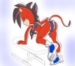 anthro bent_over breasts brown_hair butt clothing exercise fan_character felid female footwear fours_(artist) green_eyes hair hi_res lion looking_back mammal pantherine red_body sega sheila_the_lion shoes sneakers solo sonic_the_hedgehog_(series) sportswear under_boob workout