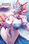 anthro big_breasts breasts capcom clothed clothing dialogue english_text female fingers fur hi_res leviathan_(mh) looking_at_viewer mizutsune mleonheart monster_hunter simple_background solo text white_body