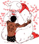 2023 anthro bear bepo_(one_piece) blush clothing duo embrace fur hug human male mammal minkmen_(one_piece) nekokat42 one_piece overweight polar_bear scarf size_difference tattoo trafalgar_law underwear ursine white_body white_fur
