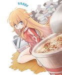 1girl :t barefoot blonde_hair blush chopsticks closed_mouth computer cup_ramen dutch_angle eyebrows_visible_through_hair food from_behind gabriel_dropout hair_between_eyes hc2002 jacket kamaboko laptop long_hair long_sleeves looking_back messy_hair mouth_hold narutomaki noodles on_floor purple_eyes ramen sitting solo sparkle tenma_gabriel_white track_jacket very_long_hair white_background wooden_floor 