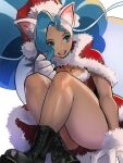  1girl ass blue_eyes blue_hair boots cat_ear_hairband christmas collarbone combat_boots felicia_(vampire) gloves hat highres looking_to_the_side meke_(77842928) santa_hat sitting solo vampire_(game) white_gloves 