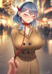  ako_(blue_archive) alternate_costume arms_behind_back black_scarf blue_archive blue_eyes blue_hair blurry blurry_background blurry_foreground blush box breasts brown_coat buttons christmas cipher4109 clenched_teeth closed_eyes coat collar crowd double-breasted gift gift_box hair_between_eyes halo large_breasts leash pet_play pov pov_hands scarf snowing solo_focus teeth trench_coat viewer_holding_leash 