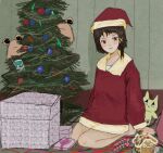  1girl alternate_costume asymmetrical_hair blush brown_eyes brown_hair candy candy_cane christmas christmas_tree christmas_tree_hair_ornament cigarette_pack collarbone english_commentary food full_body fur_trim gift gingerbread_house hair_ornament hat highres iwakura_lain kneeling light_smile long_sleeves looking_down medium_hair mi_zukii3 no_pants red_sweater santa_costume santa_hat seiza serial_experiments_lain shadow short_hair single_sidelock sitting sweater x_hair_ornament 