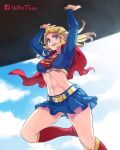  1girl artist_name belt blonde_hair blue_eyes boots breasts cape carrying carrying_overhead chinese_commentary cloud commentary_request cropped_shirt dc_comics facebook_logo highres knee_boots lens_flare medium_breasts midriff miniskirt navel open_mouth red_cape skirt sleeves_past_wrists smile solo supergirl superman_(series) whotsou yellow_belt 