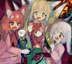  3girls absurdres animal_ear_fluff animal_ears arknights blonde_hair christmas christmas_present commentary_request eyepatch fox_ears fox_girl fox_tail gift green_eyes hame_ana_zpoo highres holding kitsune kyuubi metal_crab_(arknights) multiple_girls multiple_tails open_mouth popukar_(arknights) red_eyes red_hair shamare_(arknights) suzuran_(arknights) tail 