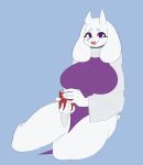 anthro biped blue_background boss_monster bovid breasts caprine clothed clothing container cup female fur goat hi_res holding_container holding_cup holding_object kneeling mammal open_mouth purple_eyes rottenarmor simple_background solo toriel undertale undertale_(series) white_body white_fur