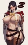  1girl 50x48x48 ass_visible_through_thighs black_hair bleach bleach:_brave_souls blue_eyes bow breast_curtains breasts brown_thighhighs cape convenient_censoring covered_nipples fur-trimmed_cape fur_trim gloves hand_on_own_chest highres huge_breasts long_hair looking_at_viewer navel nearly_naked_ribbon official_alternate_costume open_mouth parted_bangs red_cape red_gloves solo speech_bubble thighhighs translation_request unohana_retsu white_background yellow_bow 