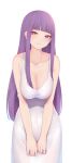  1girl :t bare_arms bare_shoulders blunt_bangs blush breasts closed_mouth collarbone cowboy_shot dress fern_(sousou_no_frieren) highres large_breasts long_hair looking_at_viewer nikuku_(kazedesune) pout purple_eyes purple_hair sidelocks simple_background sleeveless sleeveless_dress solo sousou_no_frieren very_long_hair white_background white_dress 