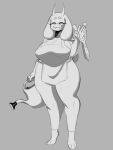 3:4 anthro apron biped boss_monster bovid breasts caprine clothing eyes_closed female gesture goat hi_res holding_object mammal monochrome rottenarmor smile solo toriel undertale undertale_(series) waving waving_at_viewer