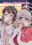  2girls ^_^ ahoge akou_roushi black_hair blush breath brown_eyes brown_scarf closed_eyes coat commentary dot_nose english_text fur_trim grey_hair hair_ornament hairclip happy highres holly_hair_ornament long_sleeves merry_christmas multicolored_hair multiple_girls night onii-chan_wa_oshimai! open_clothes open_coat outdoors oyama_mahiro oyama_mihari poncho purple_hair scarf shared_clothes shared_scarf siblings sisters smile snow snowing two-tone_hair white_coat winter winter_clothes 