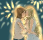  bare_shoulders blonde_hair braid brown_hair dress face-to-face firework_background fireworks from_side imminent_kiss lillie_(pokemon) long_hair looking_at_another mizuki_(pokemon) multiple_girls pokemon pokemon_(game) pokemon_sm shirt short_hair t-shirt torisoboro twin_braids white_dress yuri 