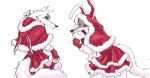 anthro bottomwear canid canine canis christmas christmas_clothing clothed clothing crossdressing death_(puss_in_boots) dreamworks fake_ears fake_rabbit_ears fluffy hi_res holidays long_tail looking_at_viewer male mammal puss_in_boots_(dreamworks) red_eyes simple_background skirt smug solo tail ultimatellurker white_background wolf