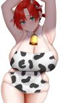  1girl absurdres animal_ears animal_print arind_yudha armpits arms_up bare_shoulders bell boudica_(fate) breasts cleavage collarbone cow_ears cow_horns cow_print cowbell fake_animal_ears fake_horns fate/grand_order fate_(series) green_eyes highres horns large_breasts looking_at_viewer one-piece_swimsuit red_hair short_hair short_ponytail sideboob solo swimsuit thighs white_one-piece_swimsuit 