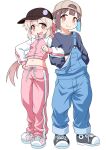  2girls :d akou_roushi alternate_costume backwards_hat baseball_cap black_shirt blue_hair blue_overalls blunt_bangs blunt_ends brown_eyes brown_hair colored_inner_hair commentary_request crop_top drawstring full_body hair_between_eyes hair_ribbon hand_on_own_hip hat hozuki_momiji light_blush locked_arms long_hair male-female_symbol midriff multicolored_hair multiple_girls navel onii-chan_wa_oshimai! open_mouth overalls oyama_mahiro pants pink_hair pink_pants ponytail red_ribbon ribbon shirt shoes short_hair short_ponytail simple_background smile sneakers standing suspenders suspenders_slip two-tone_hair very_long_hair white_background 