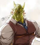 2019 anthro blue_necktie brown_clothing brown_topwear brown_vest clothed clothing crever_(fansl) dated digital_media_(artwork) dragon dress_shirt eye_scar facial_horn facial_scar facial_spikes fansl green_body green_hair green_scales hair head_horn heterochromia hi_res horn jaw_spikes looking_at_viewer male necktie nose_horn orange_spikes scales scalie scar serious shirt signature simple_background solo spikes spikes_(anatomy) topwear vest white_background white_clothing white_shirt white_topwear wingless_dragon yellow_horn