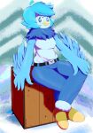 anthro avian beak bird blue_eyes blue_hair bottomwear clothed clothing denim denim_bottomwear denim_clothing female hair jeans martlet_(undertale_yellow) neck_tuft pants q_pendium sitting solo tuft undertale undertale_(series) undertale_yellow wings