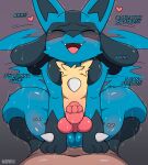 &lt;3 anal anal_penetration animal_genitalia anthro biped blue_body cowgirl_position dialogue duo from_front_position fur generation_4_pokemon genitals happy happy_sex hi_res human human_on_anthro interspecies kaffii lucario male mammal nintendo on_bottom on_top penetration penile penile_penetration penis pokemon pokemon_(species) pokephilia sex