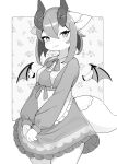 anthro bangs bow_(feature) breasts clothing dragon dress female frilly frilly_clothing hi_res horn liteee monochrome ribbons small_wings smile solo tail thick_tail wings