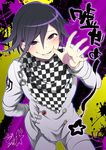  arm_behind_back bent_over black_hair buttons chain checkered checkered_scarf cowboy_shot danganronpa dutch_angle gesugao looking_at_viewer male_focus new_danganronpa_v3 ouma_kokichi purple_eyes scarf signature sly smile smug solo splatter straitjacket text_focus tokimachi_eisei translated two-tone_background waving 