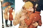  1boy 1girl black_hair blonde_hair blush breasts closed_eyes coat couple earrings hand_on_another&#039;s_back hetero highres husband_and_wife jewelry kiss long_hair looking_at_another maiii_(smaii_i) outdoors pants red_eyes short_hair snow snowflakes snowing spy_x_family twilight_(spy_x_family) winter winter_clothes winter_coat yor_briar 
