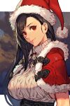  alternate_costume black_hair breasts cable_knit capelet closed_mouth final_fantasy final_fantasy_vii fur-trimmed_capelet fur-trimmed_headwear fur_trim hair_behind_ear hat hungry_clicker large_breasts long_hair looking_at_viewer pom_pom_(clothes) red_capelet red_eyes santa_hat simple_background sleeveless sleeveless_turtleneck smile sweater tifa_lockhart turtleneck turtleneck_sweater upper_body white_sweater 