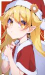  1girl bakemonogatari blonde_hair christmas earrings flat_chest food-themed_hat_ornament fur_trim hair_flaps hair_over_eyes hat hat_ornament highres holding holding_sack jewelry long_hair looking_at_viewer looking_to_the_side monogatari_(series) oshino_shinobu pout red_background sack santa_costume santa_hat slit_pupils solo thomas_(aoakumasan) upper_body yellow_eyes 