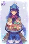  1girl absurdres blue_headwear breasts brown_coat candy candy_cane coat cowboy_shot cup cupcake dated_commentary denim food genshin_impact gingerbread_man highres holding holding_tray jeans large_breasts long_hair looking_at_viewer mug open_clothes open_coat pants parted_lips purple_eyes purple_hair purple_scarf radishkek raiden_shogun scarf solo standing thighs tray very_long_hair 