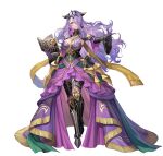  1girl absurdres armor book breasts camilla_(fire_emblem) commentary_request dress fire_emblem fire_emblem_fates fire_emblem_heroes full_body greaves highres holding holding_book horns large_breasts long_hair long_sleeves looking_at_viewer official_alternate_costume official_art okuma_mai purple_dress purple_eyes purple_hair simple_background solo standing very_long_hair white_background 