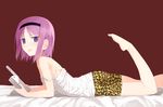  akitaka_akita animal_print bad_anatomy barefoot bed_sheet black_hair from_side gokukoku_no_brynhildr hairband highres kazumi_schlierenzauer leopard_print looking_at_viewer lying off_shoulder on_stomach open_mouth print_shorts purple_eyes purple_hair red_background shirt short_hair shorts simple_background solo the_pose white_shirt 