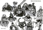  armor artist_name commentary dark_souls_(series) dark_souls_i english_commentary forked_tongue greatsword greyscale helm helmet highres holding holding_sword holding_weapon iron_golem iron_tarkus knight menaslg mimic mimic_chest monochrome multiple_boys siegmeyer_of_catarina sitting sketch snake sword titanite_demon tongue weapon 