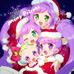  4girls :d ;d ahoge baby blue_background blunt_bangs blush bow christmas commentary_request family green_eyes green_hair hair_bow hat highres hug jewlie_(pripara) long_hair looking_at_viewer manaka_himeka manaka_laala manaka_non merry_christmas mother_and_daughter multiple_girls ndo2 one_eye_closed open_mouth pink_bow pretty_series pripara purple_eyes purple_hair red_headwear santa_costume santa_hat short_hair siblings side_ponytail sisters smile snowflakes twintails upper_body very_long_hair 