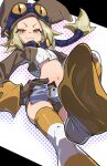  1girl :3 bandages blonde_hair breasts brown_headwear brown_jacket brown_shorts collar commentary commission cropped_jacket cropped_shirt disgaea fang feet foreshortening from_below goggles goggles_on_head hairstyle_request hand_on_own_hip hat highres jacket long_hair long_sleeves midriff navel orange_eyes perspective pointy_ears polka_dot polka_dot_background shirt short_shorts shorts simple_background skeb_commission slit_pupils small_breasts smug solo standing standing_on_one_leg stepping striped striped_thighhighs thief_(disgaea) thighhighs ushiki_yoshitaka white_background white_shirt wide_sleeves yellow_thighhighs 