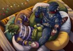 anthro argonian balls balls_touching bethesda_softworks beverage blue_body blue_eyes blue_scales bottomless christmas christmas_clothing clothed clothing digital_media_(artwork) duo erection footwear foreskin genitals hi_res holding_object holidays horn humanoid_genitalia humanoid_penis looking_at_another male male/male penis reptile scales scalie shen_(archshen) smile smiling_at_partner socks spikes tall_lizzard_(artist) the_elder_scrolls tristen