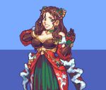  1girl blue_background breasts brown_gloves brown_hair cleavage cowboy_shot detached_sleeves dorothea_arnault dress english_commentary fire_emblem fire_emblem:_three_houses fire_emblem_heroes glaceo gloves green_eyes green_skirt grin large_breasts long_hair looking_at_viewer pixel_art skirt smile solo standing two-tone_background 