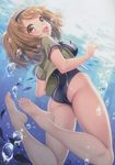  :d absurdres air_bubble animal ass bare_legs barefoot blue_swimsuit blush breasts brown_eyes brown_hair bubble covered_nipples cropped_jacket eyelashes feet fish floating_hair from_behind from_below hairband highres i-26_(kantai_collection) jacket kantai_collection kase_daiki legs_up light_rays looking_at_viewer looking_back looking_down medium_breasts new_school_swimsuit one-piece_swimsuit open_clothes open_jacket open_mouth outdoors plantar_flexion scan school_swimsuit short_hair short_sleeves silhouette smile solo submerged sunlight swimsuit tareme toes two-tone_hairband underwater 