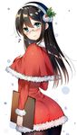  alternate_costume aozora_nan ass black_legwear blue_eyes blush brown_hair capelet christmas clipboard glasses hair_ornament hairband highres holly_hair_ornament kantai_collection long_hair looking_back ooyodo_(kantai_collection) pantyhose smile solo white_background 