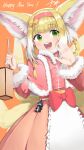  1girl absurdres alternate_costume animal_ears arknights blonde_hair capelet chinese_commentary colored_tips commentary cowboy_shot english_commentary fox_ears fox_girl fox_tail fur-trimmed_capelet fur-trimmed_sleeves fur_trim hairband happy_new_year highres juunun-kun kitsune kyuubi long_sleeves mixed-language_commentary multicolored_hair multiple_tails open_mouth pink_capelet pink_hairband solo suzuran_(arknights) tail teeth two-tone_hair upper_teeth_only white_hair 