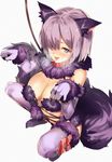 animal_ears blush breasts breath claws collar dangerous_beast elbow_gloves fate/grand_order fate_(series) fur_trim furisuku gloves hair_over_one_eye halloween_costume heart heart-shaped_pupils highres large_breasts leash looking_at_viewer mash_kyrielight open_mouth purple_eyes purple_hair short_hair solo squatting sweat symbol-shaped_pupils tail tears thighhighs tongue tongue_out white_background wolf_ears wolf_tail 