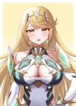  1girl absurdres bare_shoulders blonde_hair blush breasts chest_jewel cleavage cleavage_cutout clothing_cutout core_crystal_(xenoblade) dress drop_earrings earrings elbow_gloves gem gloves headpiece highres jewelry large_breasts long_hair looking_at_viewer mythra_(xenoblade) open_mouth solo swept_bangs taro_(peach_taro51) tiara very_long_hair xenoblade_chronicles_(series) xenoblade_chronicles_2 yellow_eyes 