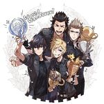  arm_around_shoulder bird black_gloves black_hair black_shirt blonde_hair blue_eyes brown_hair chick chocobo closed_eyes dirty ebira english final_fantasy final_fantasy_xv fingerless_gloves freckles game_console gameplay_mechanics gladiolus_amicitia gloves ignis_scientia laurels male_focus multiple_boys noctis_lucis_caelum open_clothes open_shirt playstation pose prompto_argentum purple_eyes scar scar_across_eye shirt sparkle trophy white_background 