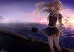  absurdres artist_name bangs black_skirt blonde_hair closed_mouth commentary deck evening feathers fingerless_gloves floating_hair gloves hair_flaps hair_ornament hairclip hand_on_own_chest hand_up highres horizon kantai_collection lens_flare long_hair looking_to_the_side neckerchief nyum ocean pleated_skirt profile red_eyes red_neckwear remodel_(kantai_collection) scarf school_uniform serafuku signature skirt solo standing sunset thighs twitter_username white_scarf yuudachi_(kantai_collection) 