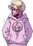  1girl black_sweater hair_ornament hairclip hands_in_pockets hat highres hood hoodie ida_(idalol490) lacey_(pokemon) long_sleeves medium_hair pearl_clan_outfit pink_hair pokemon pokemon_sv solo sweater turtleneck turtleneck_sweater white_headwear yellow_eyes 