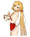  1girl :d absurdres animal_ears apron ass bare_shoulders blonde_hair blush bowl breasts brown_eyes cowboy_shot fake_tail food food_on_face from_side highres holding holding_bowl long_hair looking_at_viewer looking_to_the_side low_ponytail medium_breasts naked_apron open_mouth rabbit_ears red_apron sideboob simple_background smile stirring strap_gap tail very_long_hair volcano_princess wellsy whisk white_background 